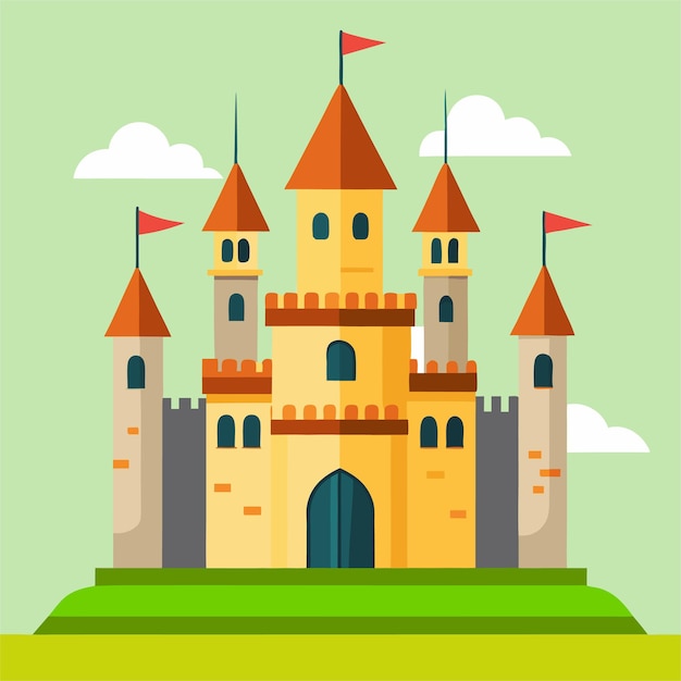 a cartoon illustration of a castle with a green background