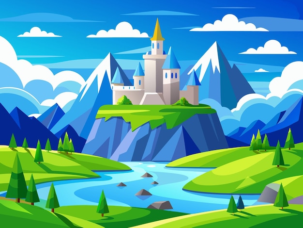 a cartoon illustration of a castle with a lake and mountains in the background