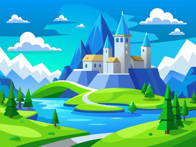 a cartoon illustration of a castle with a river and mountains in the background