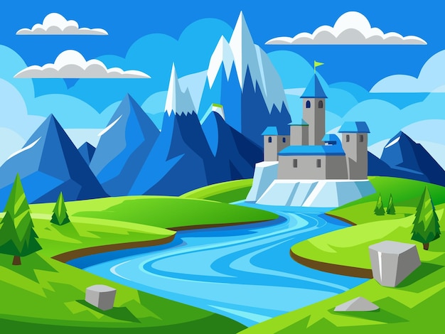 a cartoon illustration of a castle with a river and mountains in the background