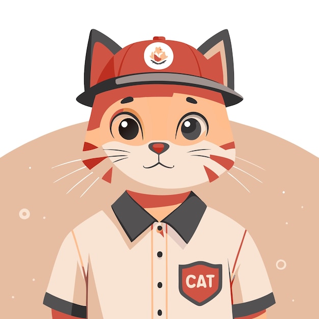 Vector cartoon illustration of a cat wearing a firefighter uniform with a red cap and quotcatquot patch on his shirt