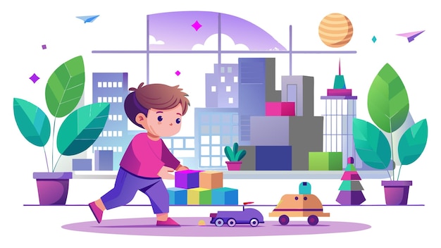 Vector a cartoon illustration of a child carrying toys and a toy car