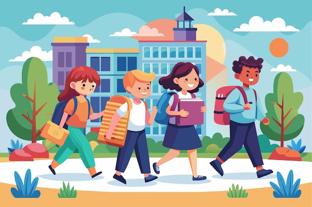 Vector a cartoon illustration of children carrying books and a picture of a school