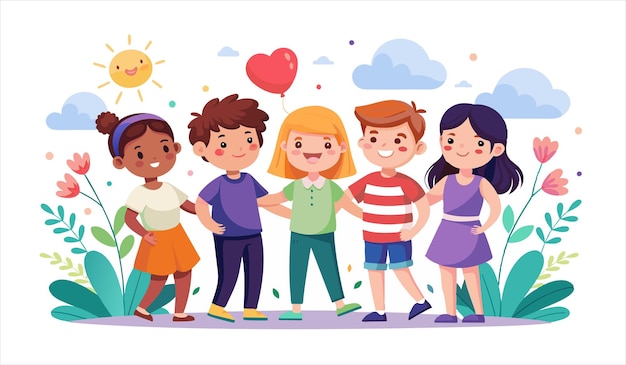 Vector a cartoon illustration of children holding hands with the words kids