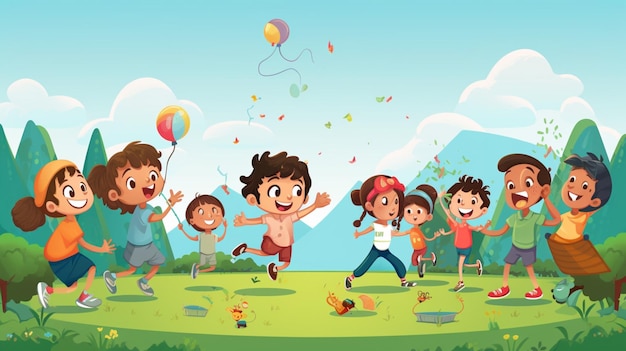 a cartoon illustration of children playing in a park with balloons