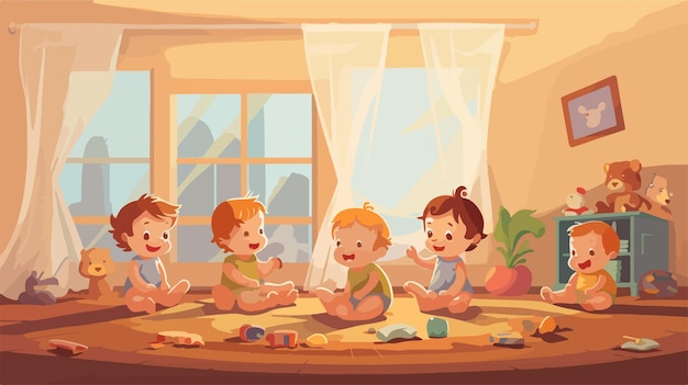 a cartoon illustration of children playing with toys and a window in the background