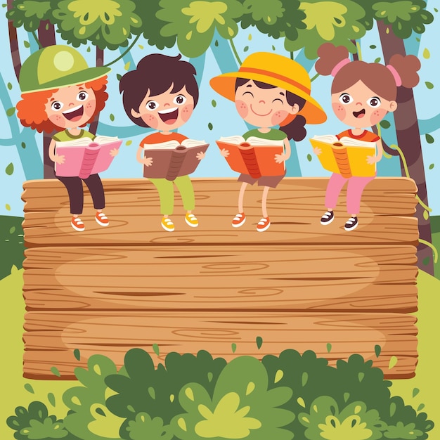 Cartoon Illustration Of Children Reading BooK