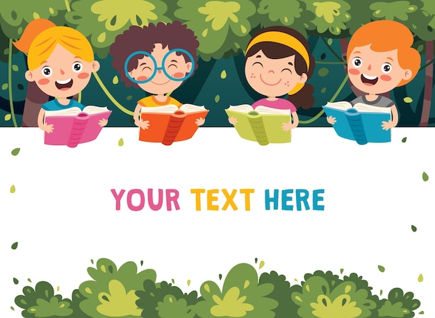 Cartoon Illustration Of Children Reading BooK