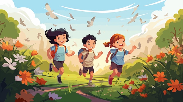 Vector a cartoon illustration of children running in a park