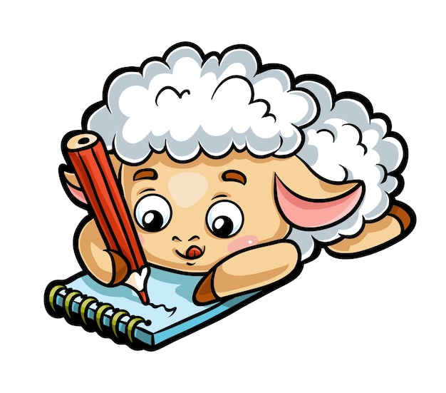 Cartoon illustration for children Sheep writer with a pencil and a notebook