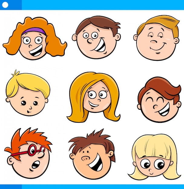 Cartoon Illustration of Children or Teen Heads Set