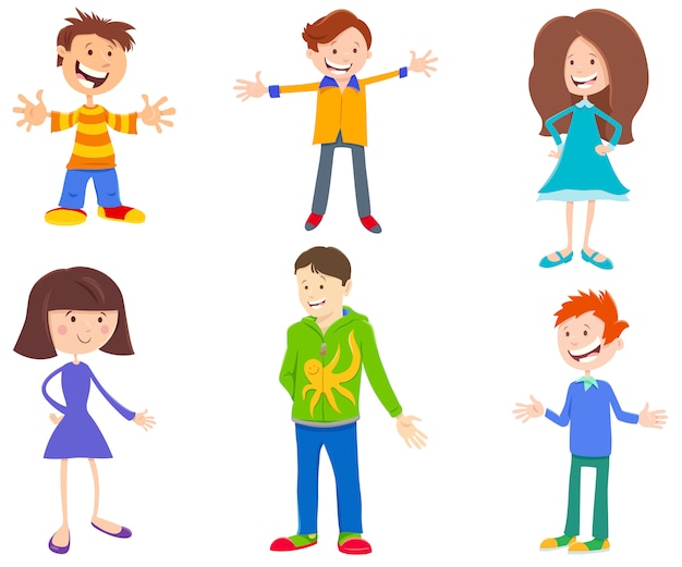 Cartoon Illustration of Children and Teens Set