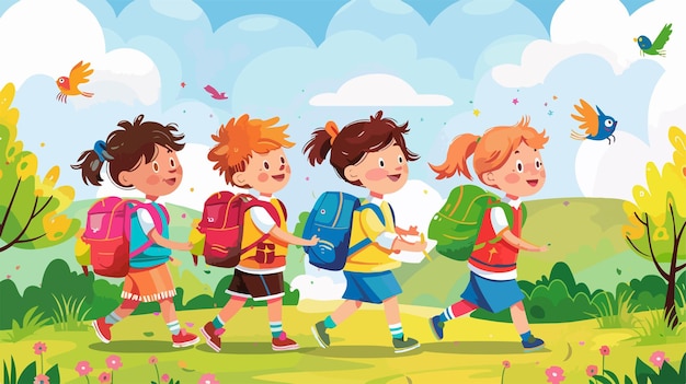 a cartoon illustration of children with backpacks walking in a park