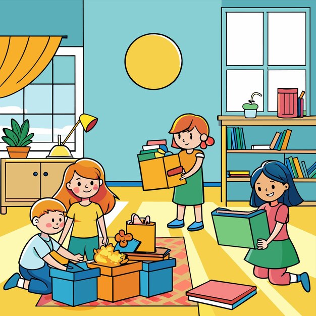 Vector a cartoon illustration of children with a box of presents