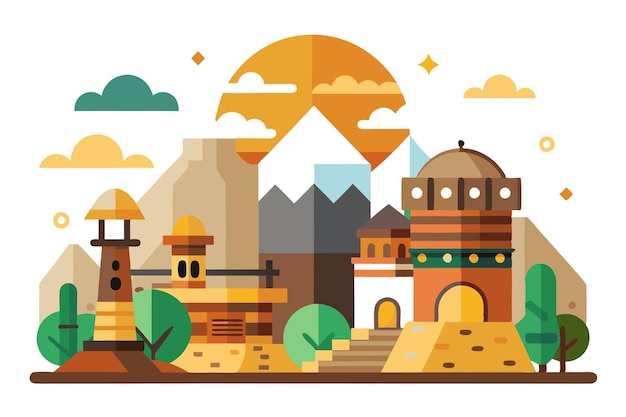 Vector a cartoon illustration of a city with mountains and sun