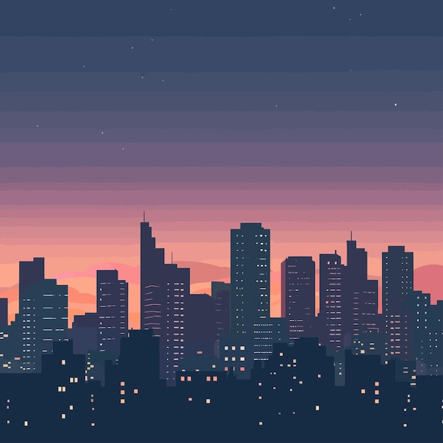 a cartoon illustration of a city with a night sky and a city skyline