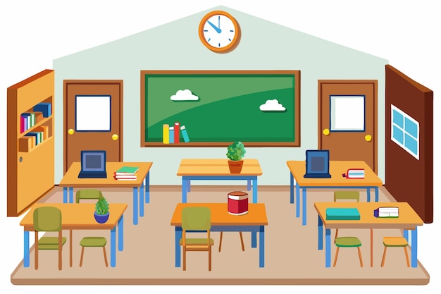 Vector a cartoon illustration of a classroom with a clock and a school board