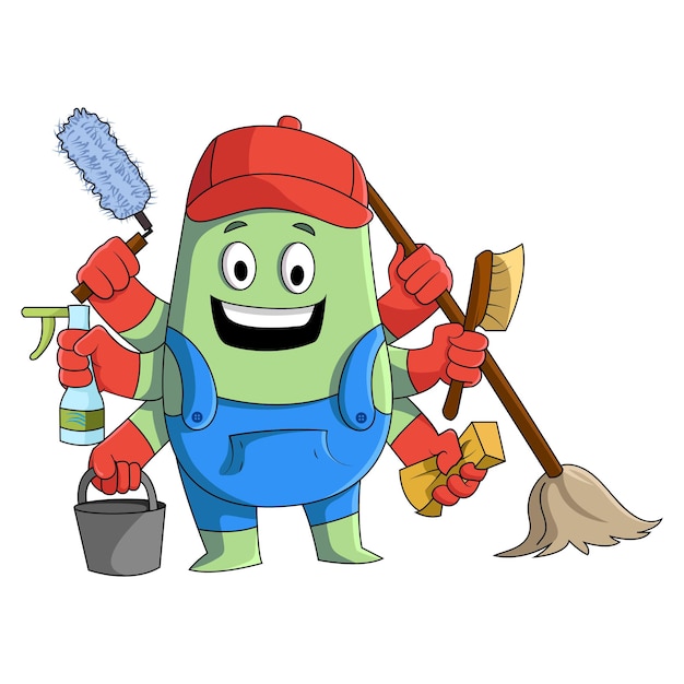 Cartoon illustration of cleaning man multitasking with working arms