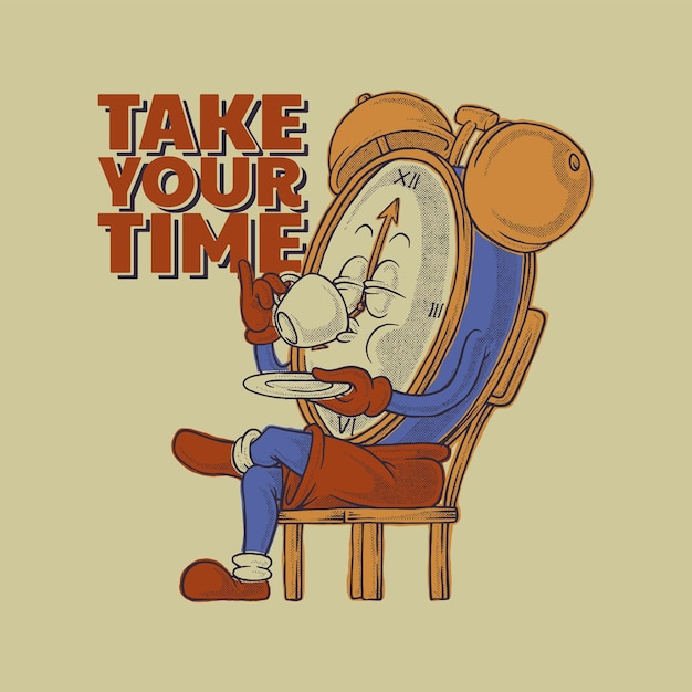 Cartoon illustration of clock mascot drinking a coffee cup