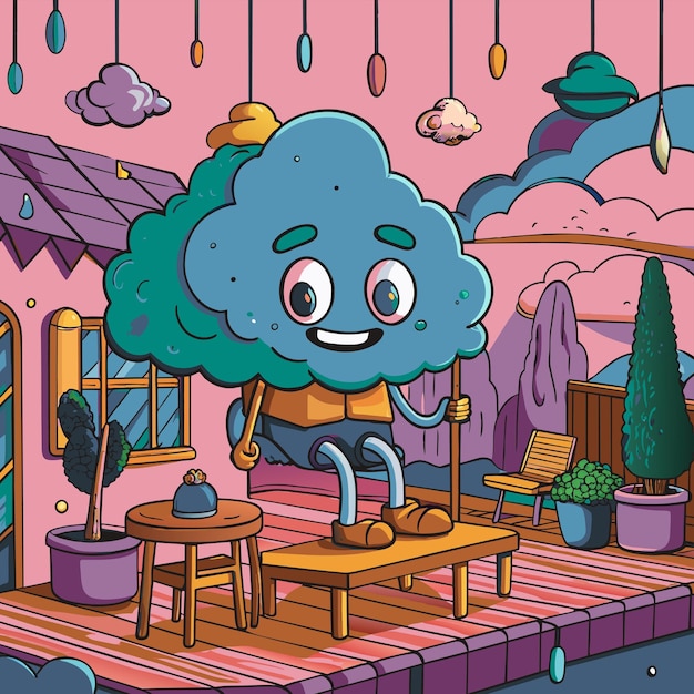 Vector a cartoon illustration of a cloud with a tree on it