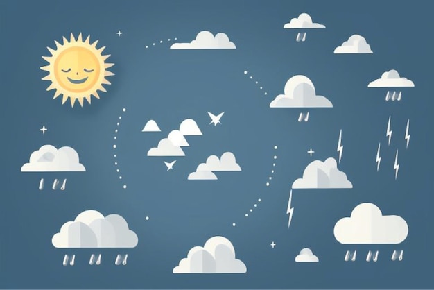 Vector a cartoon illustration of clouds with the sun and the words happy sun