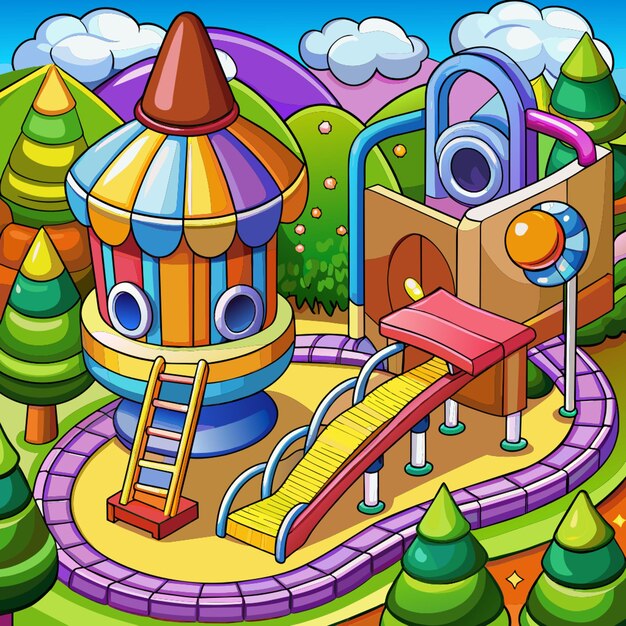 Vector a cartoon illustration of a colorful playground with a slide and a slide