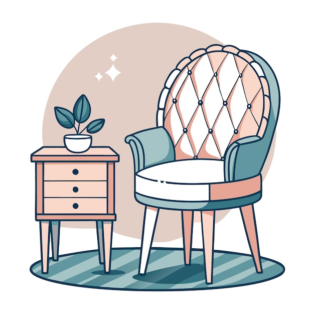 Vector a cartoon illustration of a comfortable armchair with a side table and a potted plant in a modern style