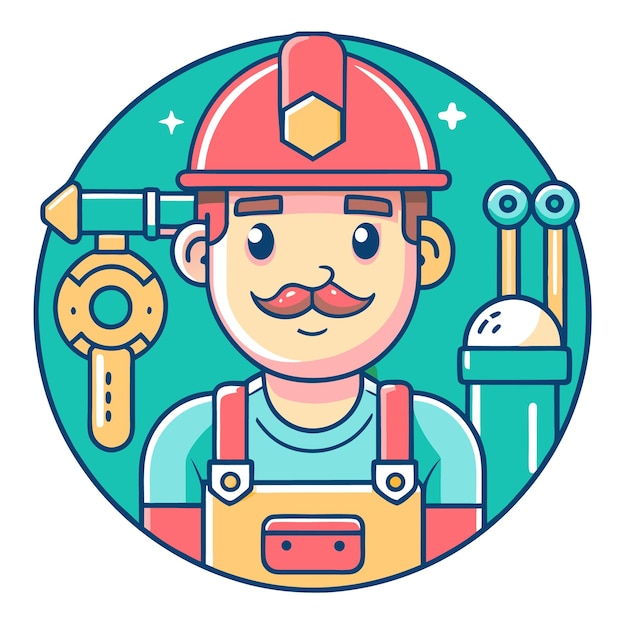 A cartoon illustration of a construction worker with a mustache wearing a hard hat and overalls holding tools