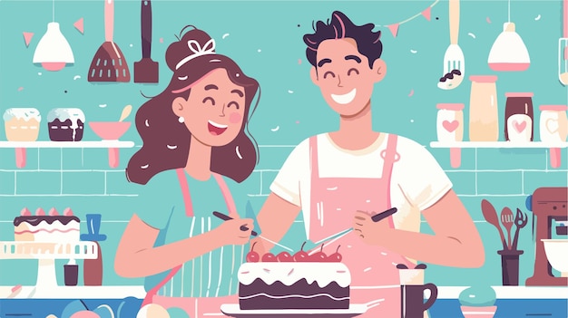 Vector a cartoon illustration of a couple cooking and a man and woman holding a knife