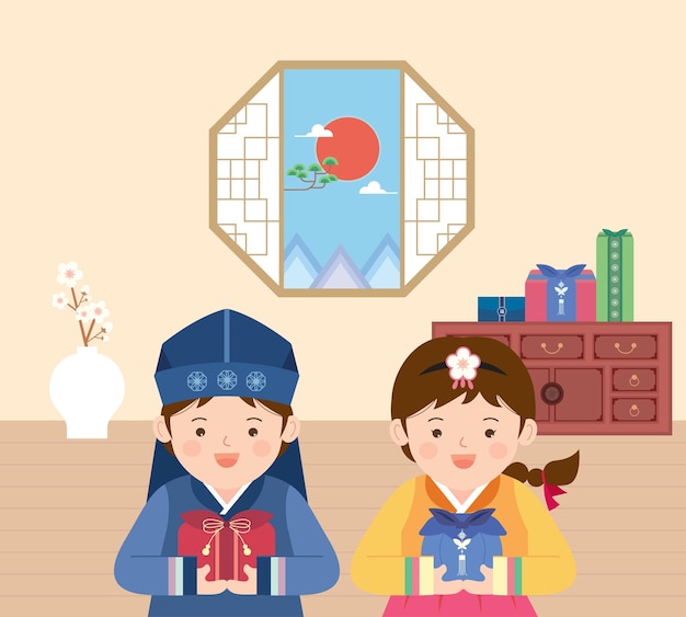 Cartoon illustration of a couple holding gifts in their hands.