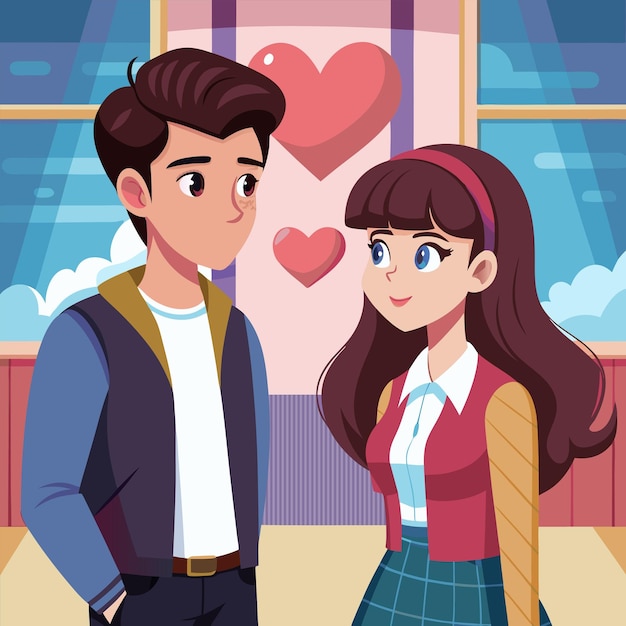 a cartoon illustration of a couple in love with a heart behind them