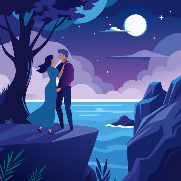 Vector a cartoon illustration of a couple in love with a moon in the background