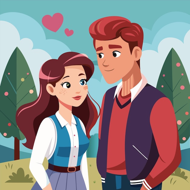 a cartoon illustration of a couple in love with trees and a man in a blue shirt