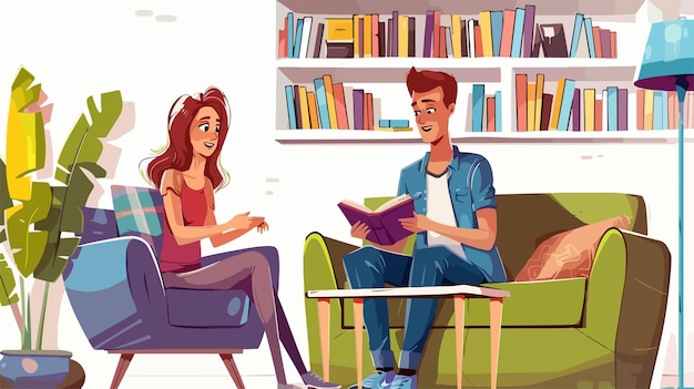 a cartoon illustration of a couple reading a book