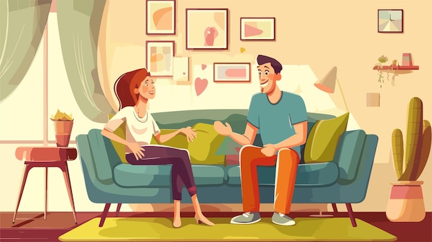 a cartoon illustration of a couple talking in a living room