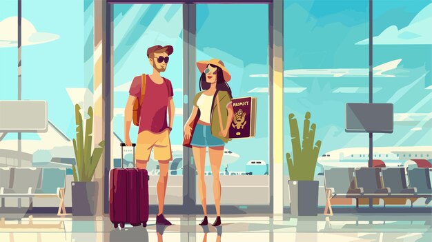 Vector a cartoon illustration of a couple with a suitcase and a map of the desert