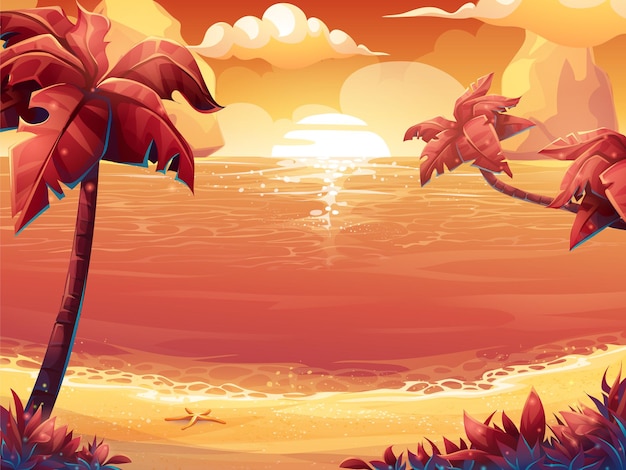 cartoon illustration of a crimson sun, sunrise or sunset on the sea with palm trees.