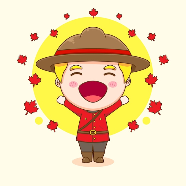 Cartoon illustration of cute Canadian police character with maple around