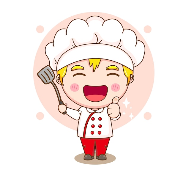 Cartoon illustration of cute chef character holding spatula