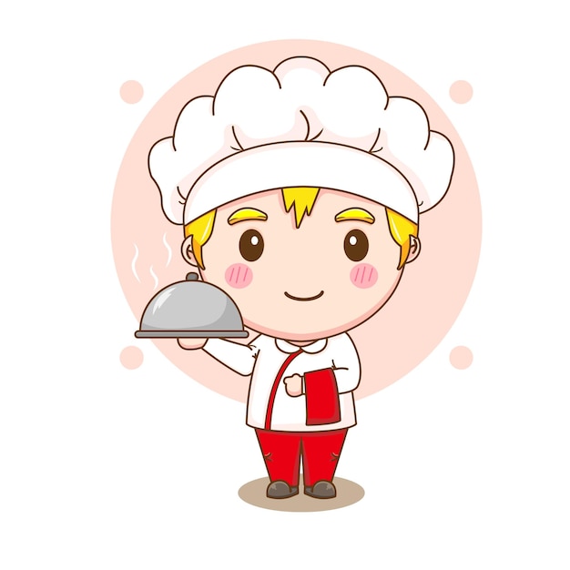 Cartoon illustration of cute chef character with dish