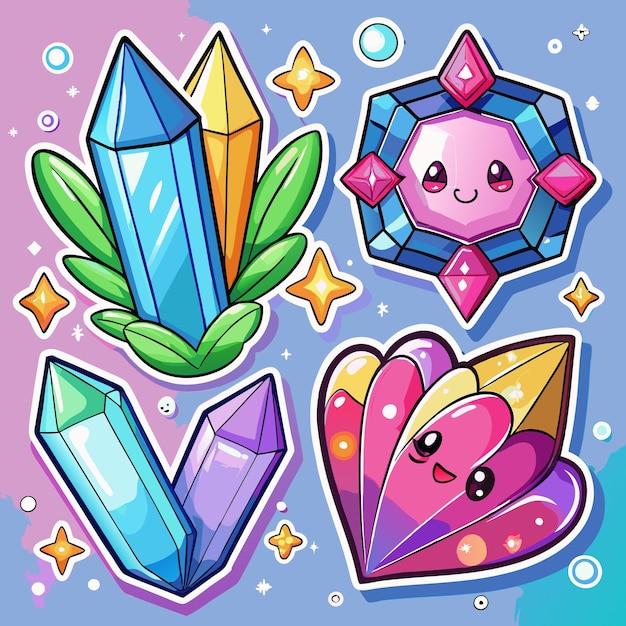 Cartoon illustration of cute crystals and gems with faces