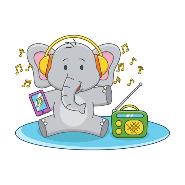 Cartoon illustration of a cute elephant listening to music