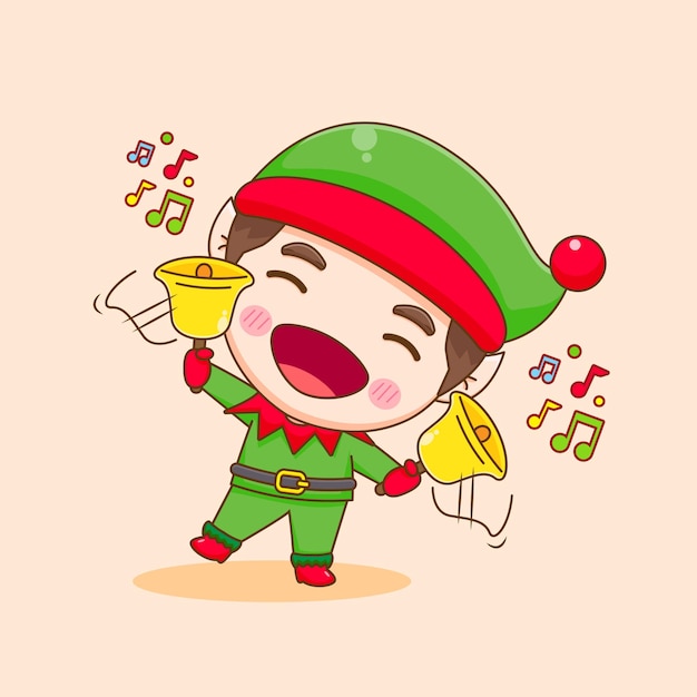 Cartoon illustration of cute elf playing golden bells chibi character