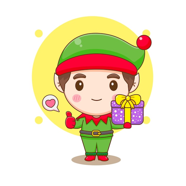 Cartoon illustration of cute elf  with gift box showing thumb up chibi character