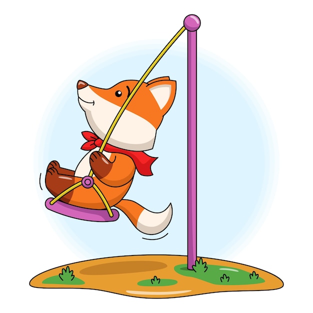 Cartoon illustration of a cute fox playing on a swingg