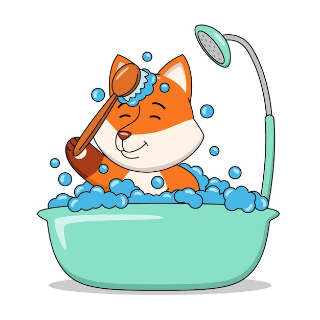 Cartoon illustration of a cute fox taking a bath in the bathtub