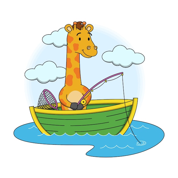 Cartoon illustration of cute giraffe fishing