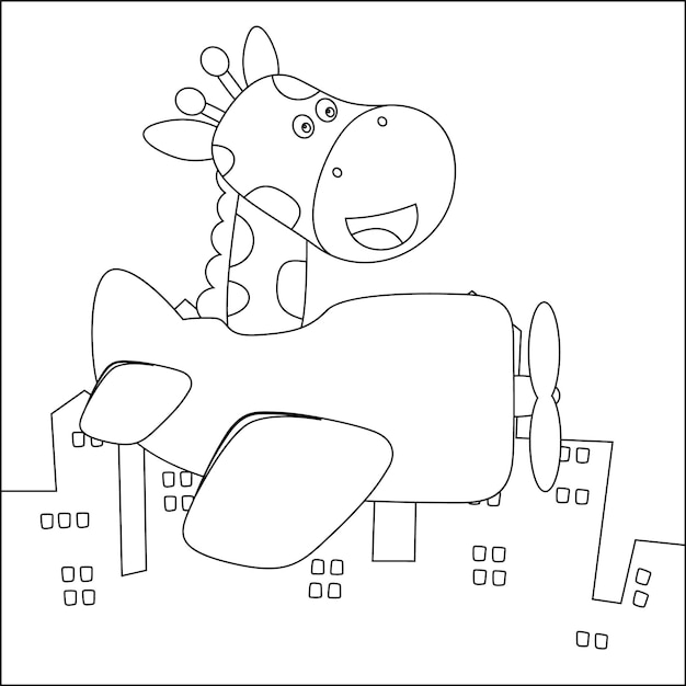 Cartoon illustration of cute giraffe flying in an airplane Coloring Book