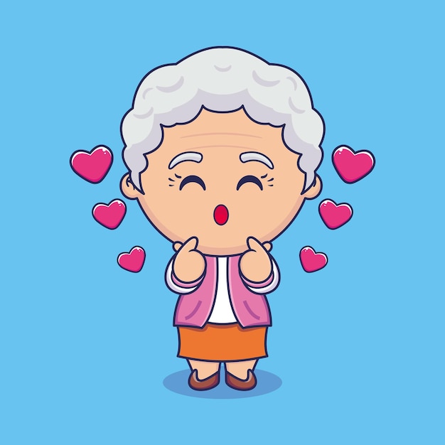 Cartoon illustration of cute grandmother posing love finger