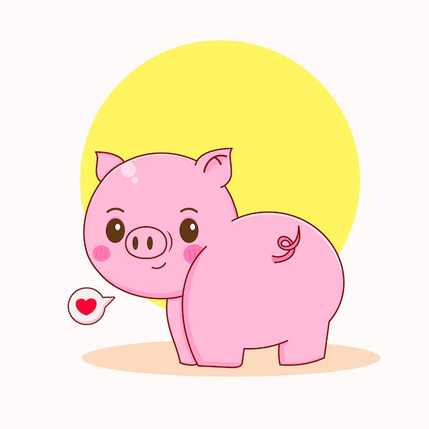 Cartoon illustration of cute happy pig character looking back